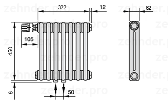 Схема (чертеж) Радиатор Zehnder Charleston 2045/7 №V007 Белый глянцевый RAL 9016